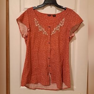 Eddie Bauer Women's Red Floral Embroidered Blouse Size Large